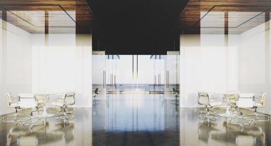 Panoramik pencerelerve toplantı odaları ile modern ofis iç. 3d render.