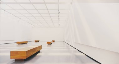 Boş resim çerçeveleri ile sergi iç. Spot ışıklar, doğal güneş ışığı ve boş tuval ile Galeri. 3d render
