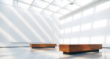 Boş resim çerçeveleri spot ışıkları ve doğal güneş ışığı ile Galeri iç. 3d render