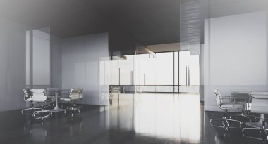 Panoramik pencerelerve toplantı odaları ile modern ofis iç. 3d render.