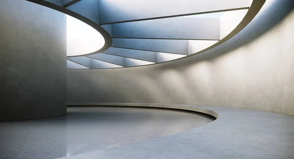 Interior vazio contemporâneo e futurista com luz natural na parede de concreto e reflexões no chão. Conceito de design de interiores e arquitetura. Renderização 3d — Fotografia de Stock
