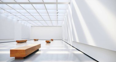 Boş resim çerçeveleri spot ışıkları ve doğal güneş ışığı ile Galeri iç. 3d render