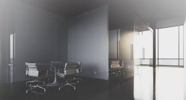 Panoramik pencerelerve toplantı odaları ile modern ofis iç. 3d render.