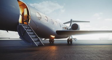 Dışarıda park etmiş ve vip kişileri bekleyen business jet uçağının yakından görünümü. Lüks turizm ve iş seyahati ulaşım konsepti. 3d render.