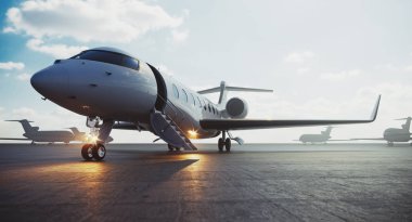 Kurumsal business class jet uçağı havaalanına park edilmiş ve kalkış için vip kişi bekliyor. Lüks turizm ve iş seyahati ulaşım konsepti. 3d render.
