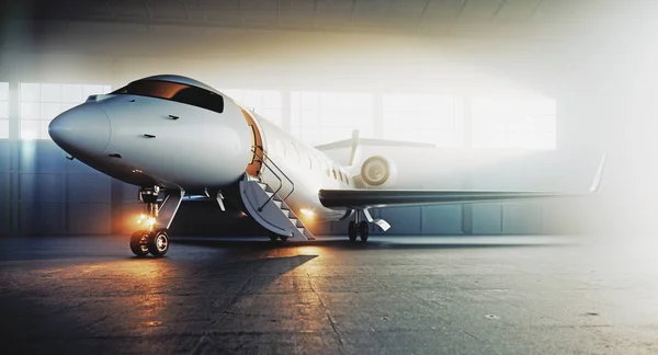 Pesawat jet pribadi bisnis diparkir di terminal dan siap untuk terbang. Wisata mewah dan konsep transportasi bisnis. Rendering 3d . — Stok Foto
