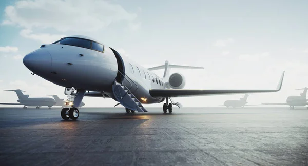 Avión jet privado de negocios estacionado en el exterior y esperando personas vip. Turismo de lujo y viajes de negocios concepto de transporte. renderizado 3d . — Foto de Stock