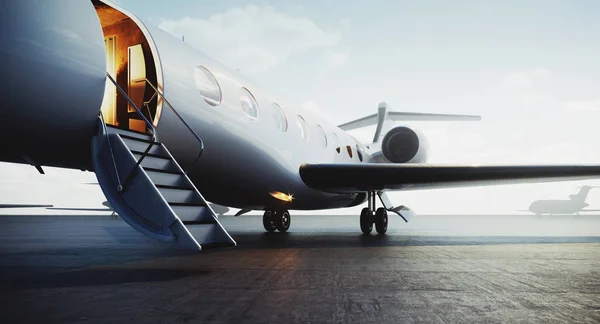 Closeup kilátás magángéppel repülőgép parkolt a külső és a várakozó üzletemberek. Luxusturizmus és az üzleti utazások közlekedési koncepciója. 3D-leképezés. — Stock Fotó