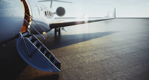 Closeup view of private jet airplane parked at outside and waiting business persons. Luxury tourism and business travel transportation concept. 3d rendering. — Stock Photo, Image