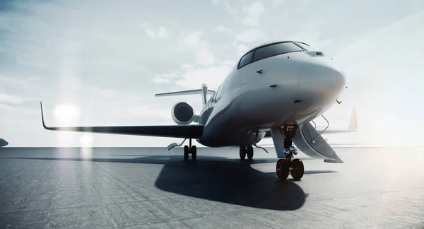 ビジネスプライベートジェット機は飛行場に駐車し、飛行の準備ができています。ラグジュアリーツーリズムとビジネストラベル輸送のコンセプト。3D レンダリング. — ストック写真