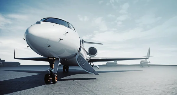 Avión jet privado de negocios estacionado en el aeródromo y listo para volar. Turismo de lujo y viajes de negocios concepto de transporte. renderizado 3d . —  Fotos de Stock