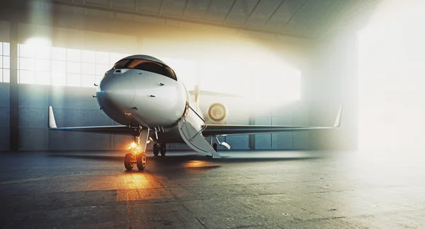 ビジネスプライベートジェット機は、メンテナンス格納庫に駐車し、離陸の準備ができています。ラグジュアリーツーリズムとビジネストラベル輸送のコンセプト。3D レンダリング. — ストック写真