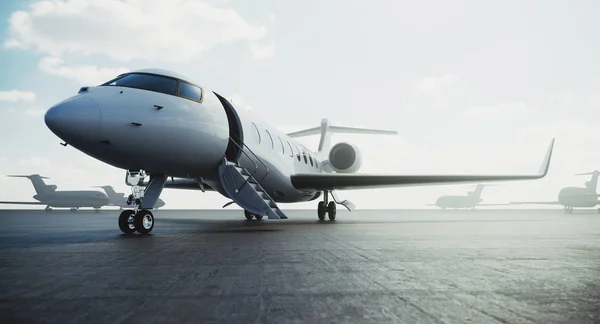 Business Class jetplan parkerade på Airfield och väntar VIP-personer för take off. Lyxturism och affärsresor transportkoncept. 3D-rendering. — Stockfoto