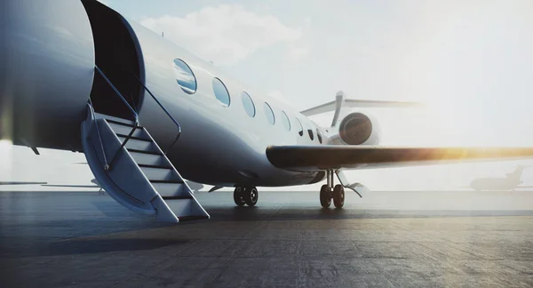 Ein Flugzeug der Business Class parkte auf dem Flugplatz und wartete vip-Personen auf den Start. Luxustourismus und Transportkonzept für Geschäftsreisen. 3D-Darstellung. — Stockfoto