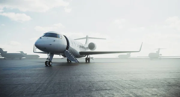 Avión jet de clase Business estacionado en el aeródromo y esperando a los vip para despegar. Turismo de lujo y viajes de negocios concepto de transporte. renderizado 3d . — Foto de Stock