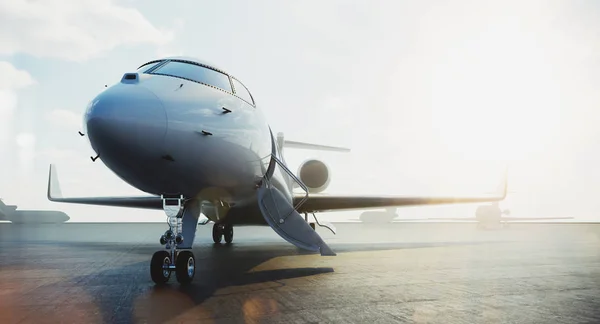 Business Class jetplan parkerade på Airfield och väntar VIP-personer för take off. Lyxturism och affärsresor transportkoncept. Överstrålningar. 3D-rendering. — Stockfoto