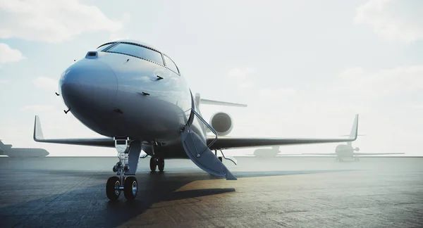 ビジネスクラスのジェット機は飛行場に駐車し、離陸のためにVIPの人を待っています。ラグジュアリーツーリズムとビジネストラベル輸送のコンセプト。3D レンダリング. — ストック写真