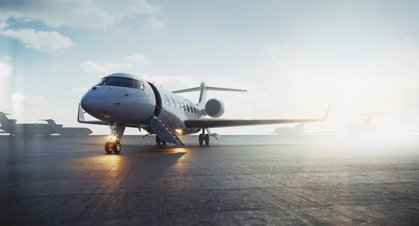 Corporate Business Class jetplan parkerade på Airfield och väntar VIP-personer för take off. Lyxturism och affärsresor transportkoncept. 3D-rendering. — Stockfoto
