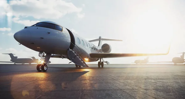 Avión jet de negocios estacionado en el exterior y esperando personas vip. Turismo de lujo y viajes de negocios concepto de transporte. Bengalas. renderizado 3d . — Foto de Stock