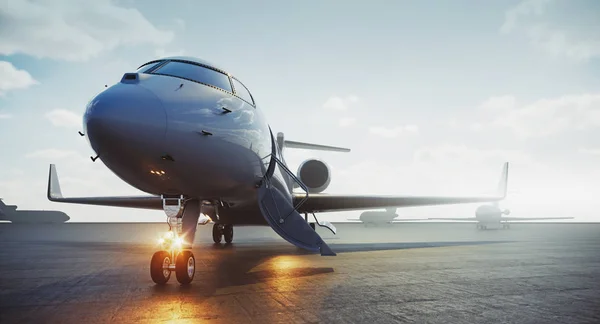 Avión jet de clase ejecutiva estacionado en el aeródromo y esperando a las personas vip para despegar. Turismo de lujo y viajes de negocios concepto de transporte. renderizado 3d . — Foto de Stock