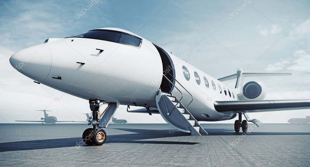Business private jet airplane parked at airfield and ready for flight. Luxury tourism and business travel transportation concept. 3d rendering.