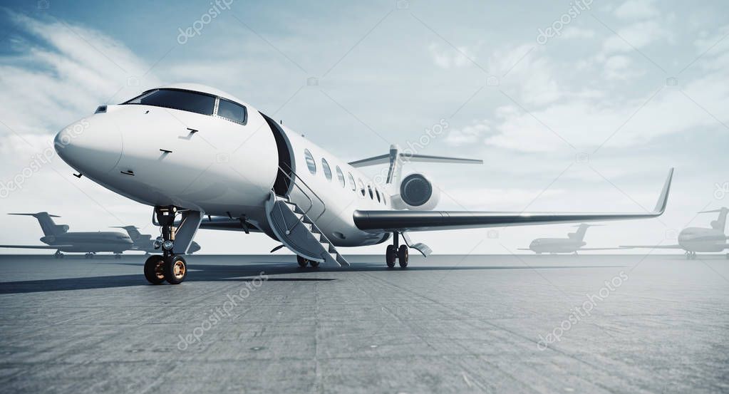 Business private jet airplane parked at airfield and ready for flight. Luxury tourism and business travel transportation concept. 3d rendering.