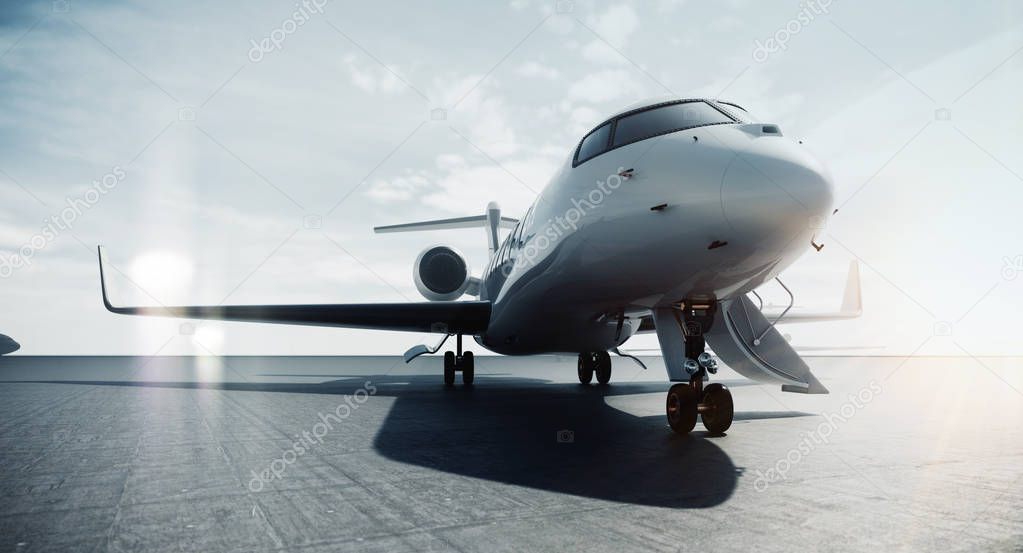 Business private jet airplane parked at airfield and ready for flight. Luxury tourism and business travel transportation concept. 3d rendering.