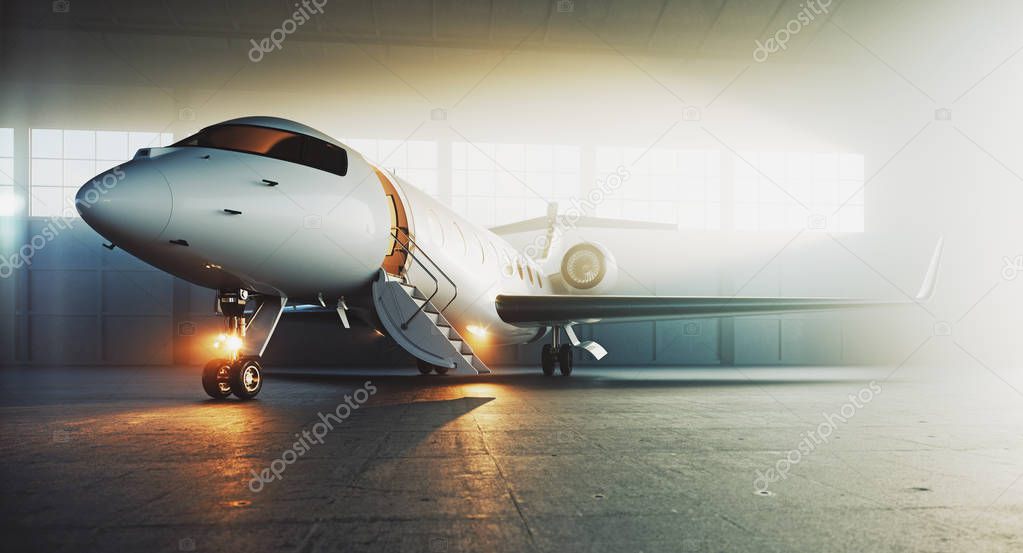 Business private jet airplane parked at maintenance hangar and ready for take off. Luxury tourism and business travel transportation concept. 3d rendering.