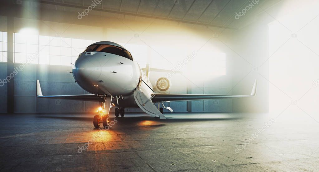 Business private jet airplane parked at maintenance hangar and ready for take off. Luxury tourism and business travel transportation concept. 3d rendering.