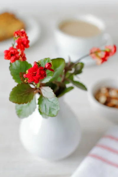 Still Life Small Vase Wild Flowers Food Rustic Table — Stock Photo, Image