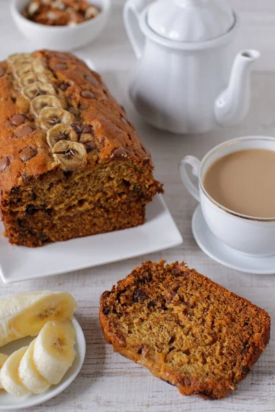 Bananbrød Med Sjokoladedråper Olivenolje – stockfoto