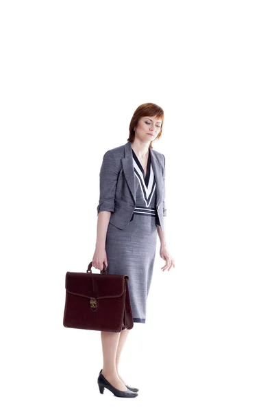 Business Woman Brown Briefcase Hand Business Concept Carved White Background — Stock Photo, Image