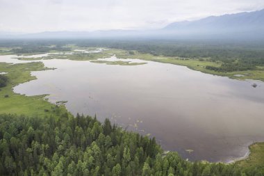Nehirler ve göller Doğu Sibirya üzerinden yükseklik. Göller ve Sibirya Tayga nehre helikopter kokpit üzerinden bir görünüme
