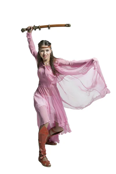 Orta Çağ Savaşçı Kız Deri Zırh Kılıç Şeffaf Bir Pembe — Stok fotoğraf