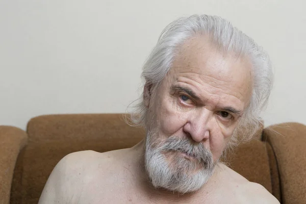 Lonely Sick Poor Old Man Suffering Eye Diseases Independently Engaged — Stock Photo, Image