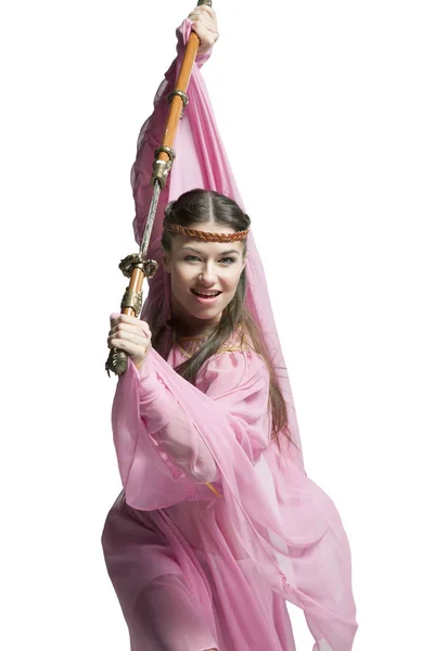 Orta Çağ Savaşçı Kız Deri Zırh Kılıç Şeffaf Bir Pembe — Stok fotoğraf