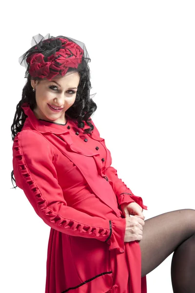 Mujer Joven Morena Picando Largo Vestido Rojo Bailando Posando Estudio — Foto de Stock