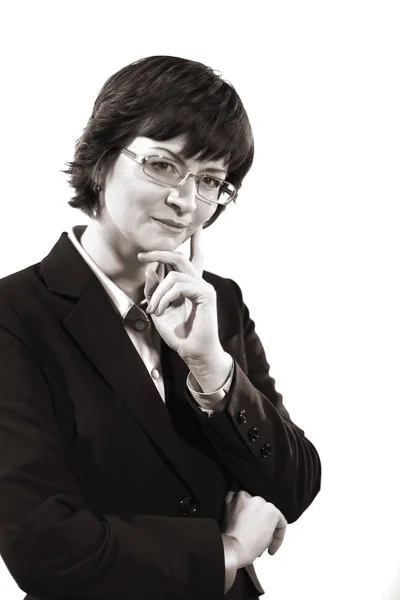 Portrét Mladé Podnikatelka Bílém Pozadí Černobílé Fotografie — Stock fotografie