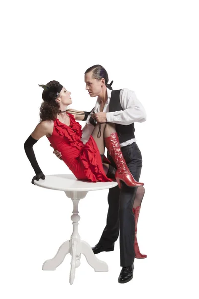 Young Couple Guy Girl Retro Style Perform Tango Sexy Pose — Stock Photo, Image