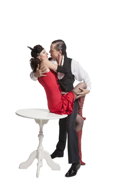 Young Couple Guy Girl Retro Style Perform Tango Sexy Pose — Stock Photo, Image