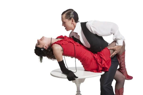 Genç Bir Çift Adam Kız Retro Tarzı Bir Tango Beyaz — Stok fotoğraf