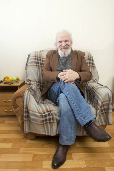 Lonely Charismatic Discouraged Grandfather Sits Armchair Home Reflects Years Remembering — Stock Photo, Image