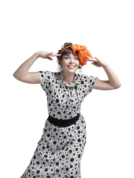 Een Jong Meisje Een Zomerjurk Gemaakt Van Doek Polka Dots — Stockfoto