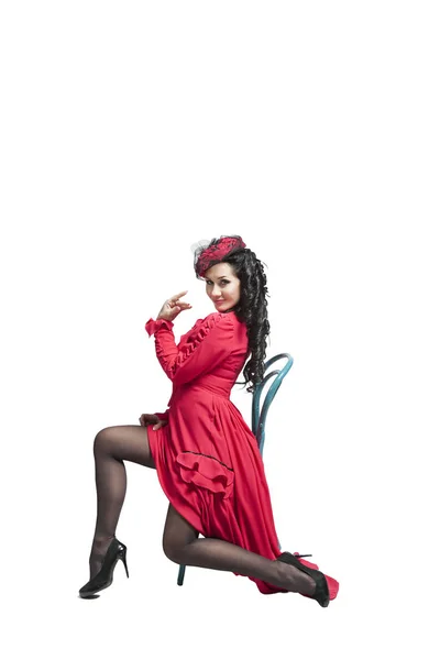 Young Woman Stinging Brunette Long Red Dress Dancing Posing Studio — Stock Photo, Image