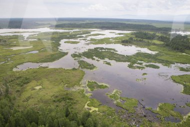 Nehirler ve göller Doğu Sibirya üzerinden yükseklik. Göller ve Sibirya Tayga nehre helikopter kokpit üzerinden bir görünüme