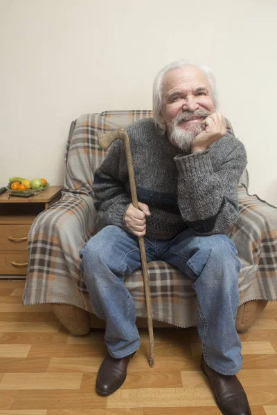 Lonely Charismatic Discouraged Grandfather Sits Armchair Home Reflects Years Remembering — Stock Photo, Image