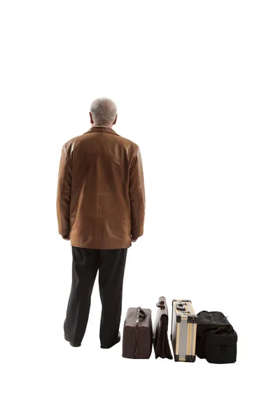 Elderly Asian Man Suitcases Waiting Transport — Stock Photo, Image