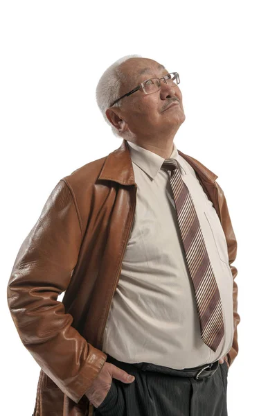 Senior Asiático Hombre Posando Estudio Tallado Blanco Fondo — Foto de Stock