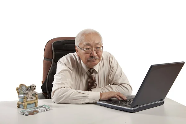 在笔记本电脑上工作的亚洲裔的成熟商人 — 图库照片