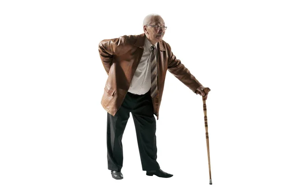 Oude Man Met Een Stok Die Lijden Aan Artritis Stockfoto